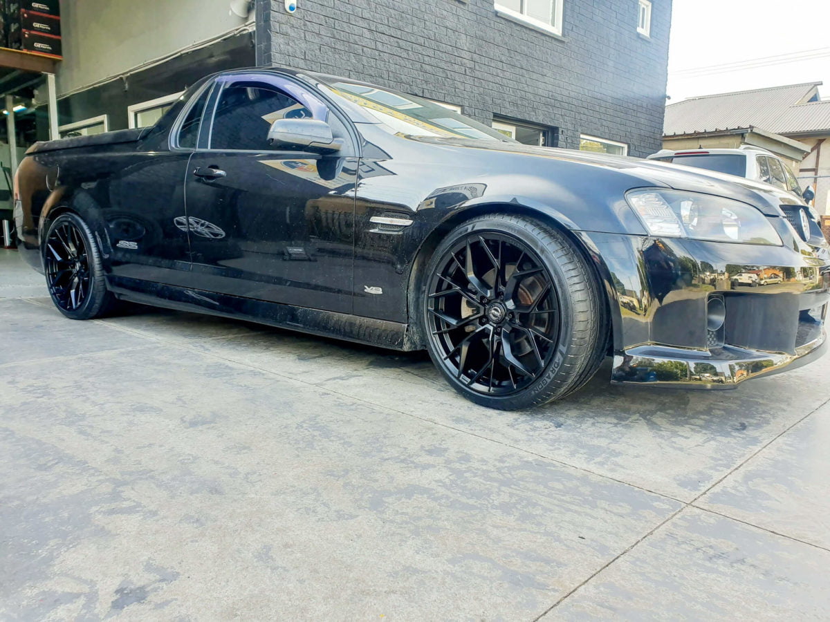 Holden Commodore Ute sitting on GT Form Marquee Satin Black 20x9 front and 20x10.5 rear with Pirelli Dragon Sport tyres