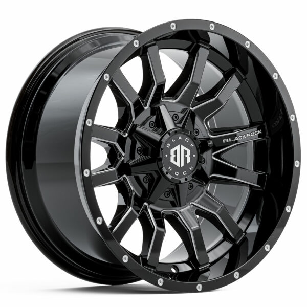 Black Rock Predator Gloss Black Milled Wheels Off-Road Rims 20 inch 20X10 6X139.7