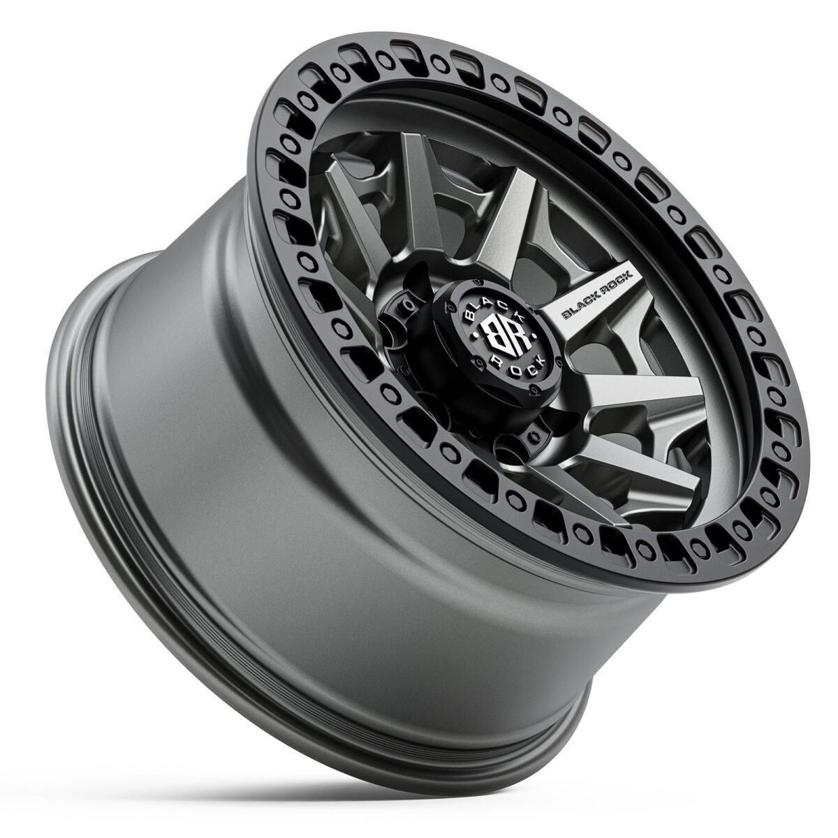 Black Rock Cage Gunmetal Grey Black Ring 4x4 Wheels Off-Road Rims 17 inch 18 inch