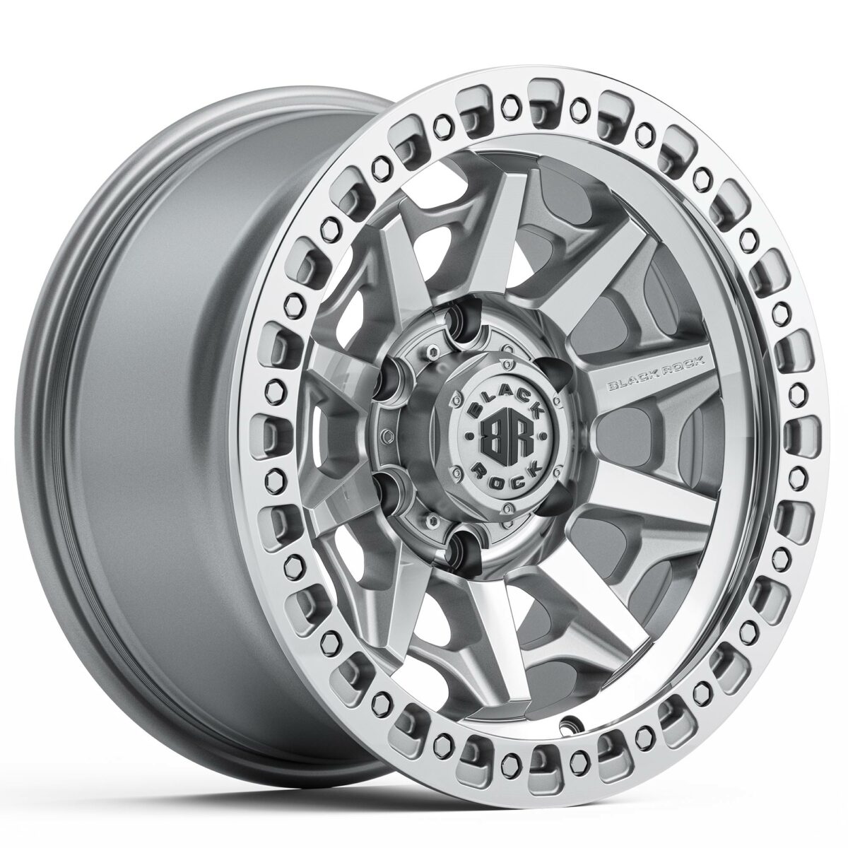 Black Rock Cage Silver Machined 4x4 Wheels Off-Road Rims 17 inch 18 inch