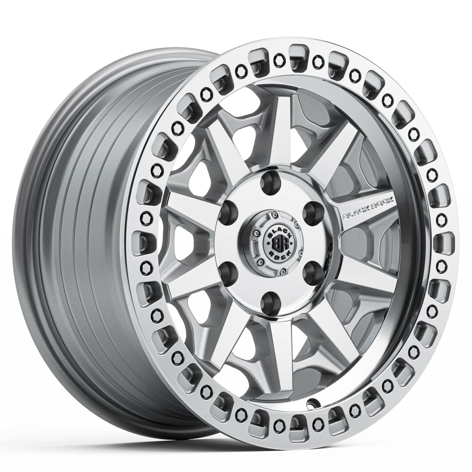 Rock Blocker Rims BLACK ROCK CAGE WHEELS SILVER MACHINED 17X8 6X139.7 4X4 RIMS